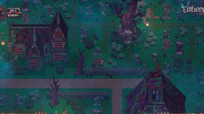 Emberville screenshot: old houses and a graveyard under a twisted tree