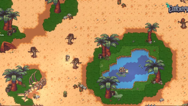 Emberville screenshot: a desert oasis with palm trees and wandering creatures