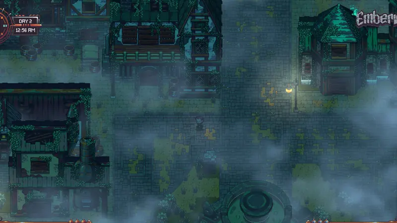 Emberville screenshot: fog drifting between old houses at night